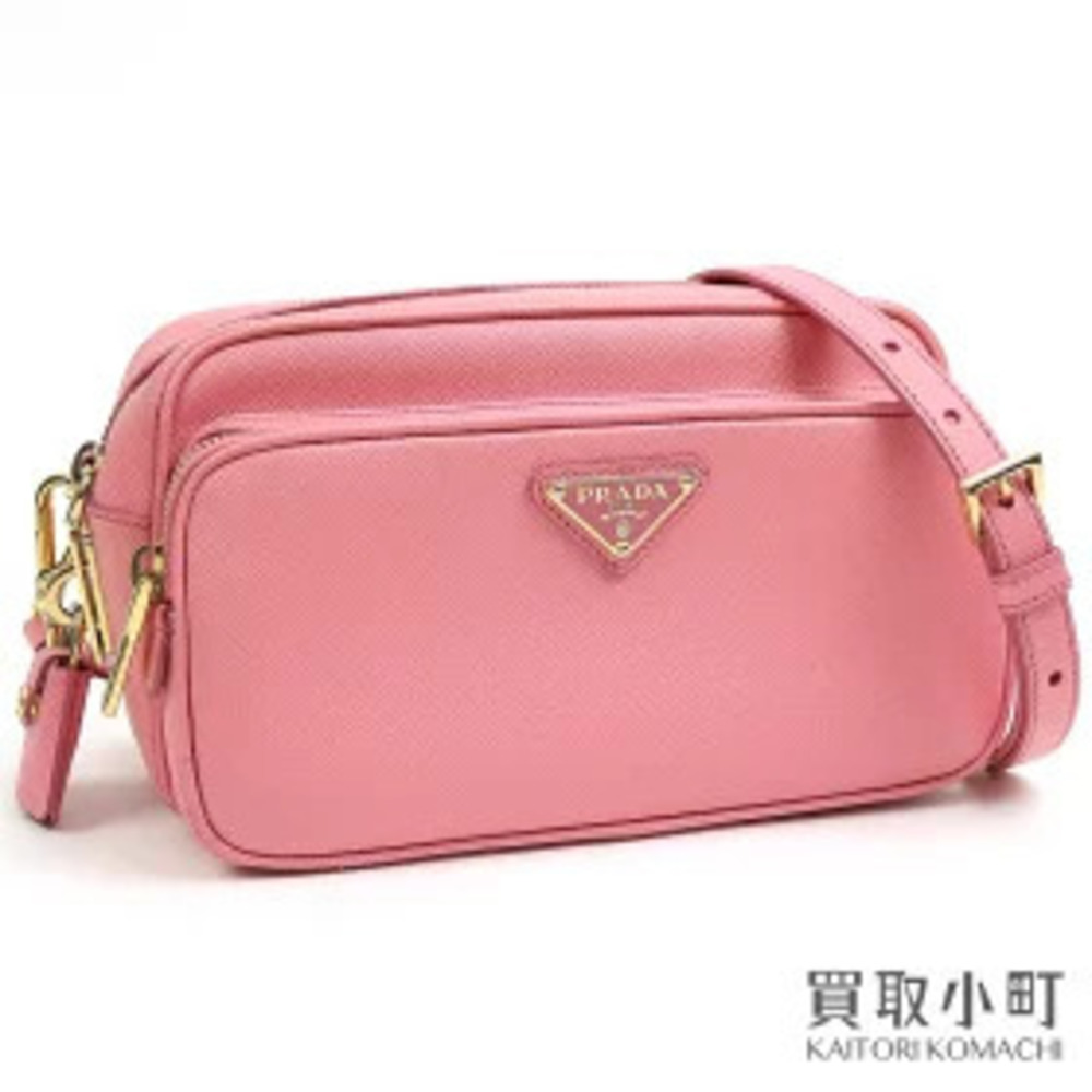 Prada Saffiano Triangle Camera Bag Pink Calf Leather Clutch Shoulder